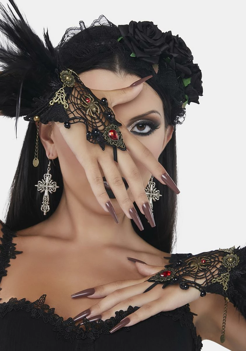 DEVIL FASHION Gothic Spiderweb Feather Gloves