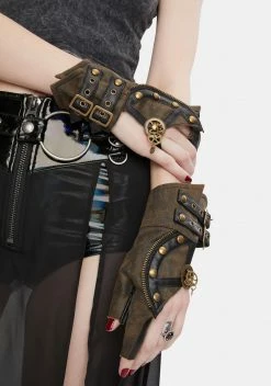 DEVIL FASHION Brown Steampunk Buckle Gloves