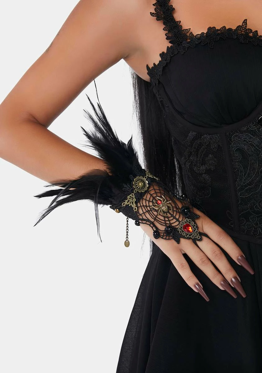 DEVIL FASHION Gothic Spiderweb Feather Gloves - Image 2